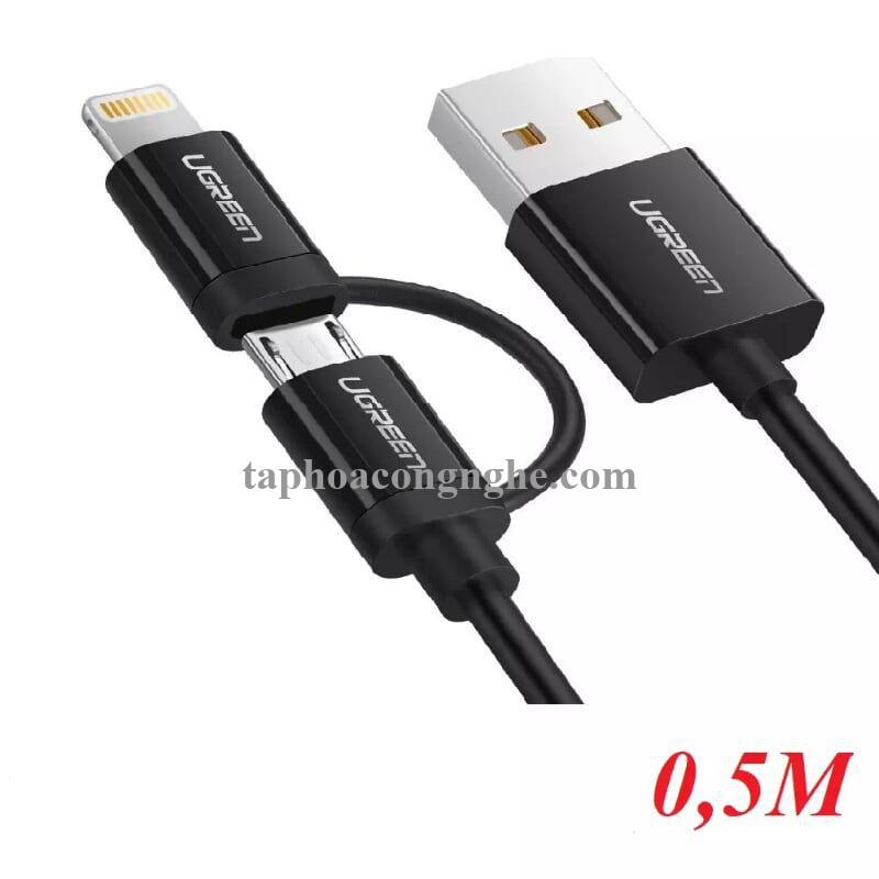 Ugreen 40939 0.5M màu Đen Cáp sạc đa năng USB sang MicroUSB + Lightning US178 30040939